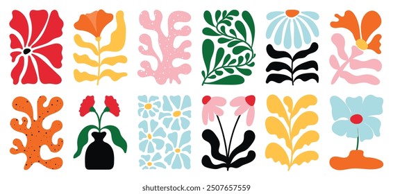 Conjunto de Vector de fondo de doodle botánico. Flor y hojas de forma abstracta doodle diseño de arte para impresión, Fondo de pantalla, Clipart, arte de la pared para la decoración del hogar.