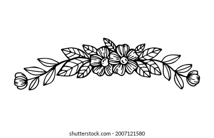 Botanical doodle. Flowers vector illustration in black outline on white background for greeting cards, posters, stickers, seasonal design, coloring book