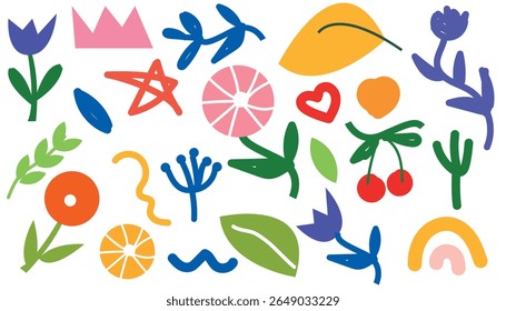 Botanical Doodle Icons, Nature Theme Elements Collection, Playful Flat Design Floral and Fruit Elements for Creative Craft and Print.
