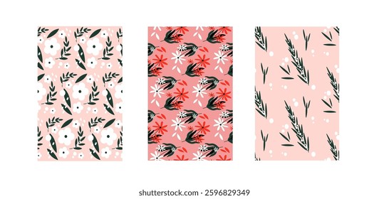 Botanical doodle seamless patterns on pink backgrounds - trendy floral design collection with white blooms, green foliage, red flowers with dark leaves. Minimalist modern hand drawn textile motifs.