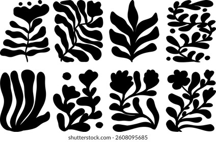 Botanical doodle set. Abstract Groovy Modern Flowers and Leaves