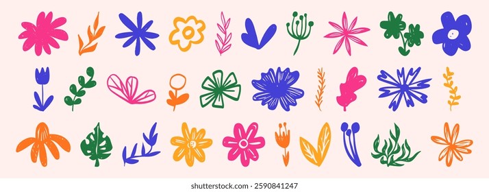 Botanical doodle set with hand drawn flowers, leaves and blooms in vibrant pink, orange, blue and green colors. Simple floral elements for pattern design, summer decoration or creative stationery.