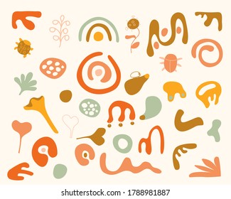 Botanical doodle shapes collection. Abstract doodle elements. Decorative fairytale floral and herbal shapes set. Collection contains circles, spirals, flowers, bugs, bird and herbs, plants. Vector