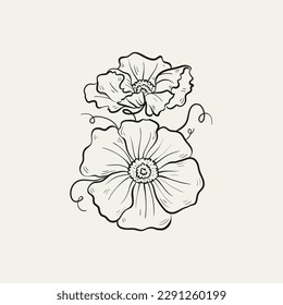 Botanical drawing. Minimal plant logo, botanical graphic sketch drawing,  meadow greenery, leaf and blooming flower abstract sketch element collection, rustic branch. Trendy tiny tattoo design, floral