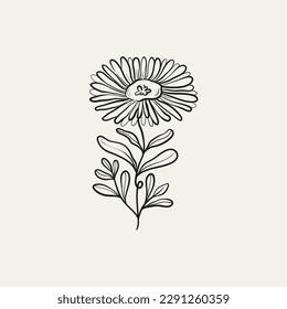 Botanical drawing. Minimal plant logo, botanical graphic sketch drawing,  meadow greenery, leaf and blooming flower abstract sketch element collection, rustic branch. Trendy tiny tattoo design, floral