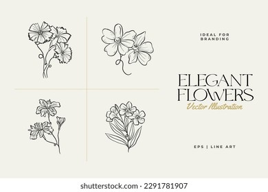 Botanical drawing. Minimal plant logo, botanical graphic sketch drawing,  meadow greenery, leaf and blooming flower abstract sketch element collection, rustic branch. Trendy tiny tattoo design