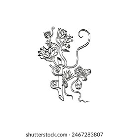 Botanical drawing. Minimal plant logo, botanical graphic sketch drawing,  meadow greenery, leaf and blooming flower abstract sketch element collection, rustic branch. Trendy tiny tattoo design, floral