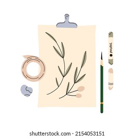 Botanical drawing on a4 album sheet on clamp. Paper with plant branch painting, pastel pencil, eraser composition. Hand drawn art, picture. Flat vector illustration isolated on white background