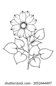 Botanical drawing. Vector hand drawn design element. Minimal plant logo, meadow greenery, leaf and blooming flower abstract sketch element, linear rustic branch. 
