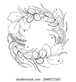  Botanical drawing wreath of different herbs and leaves, text template. Vector hand drawn design element. Minimal plant logo, meadow greenery, leaf and blooming flower abstract sketch element, linear 