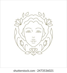 Botanical elegant feminine beauty woman face with flower golden linear logo vector illustration. Beautiful female portrait with floral botanical blossom hand drawn emblem for wellness spa salon