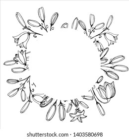Botanical elegant frames with vintage beautiful wildflowers of ink. Delicate and romantic floral design element, perfect for templates, weddings, packaging, scrapbooking. Stock Illustration