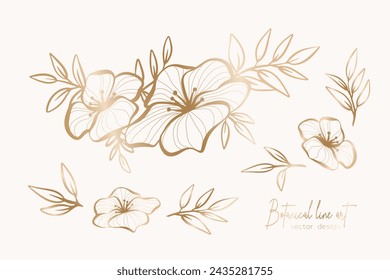 Botanical elegant gold line art illustration of flower leaves branch for wedding invitation and cards, logo design, web, social media and poster, template, advertisement, beauty and cosmetic industry.