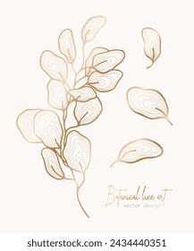 Botanical elegant golden line illustration of a leaves branch for wedding invitation and cards, logo design, web, social media and poster, template, advertisement, beauty and cosmetic industry.