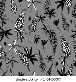 Botanical elegant pattern with vintage beautiful wildflowers of ink lupins. Delicate and romantic floral design element, perfect for templates, wallpapers, packaging, scrapbooking. Stock Illustration