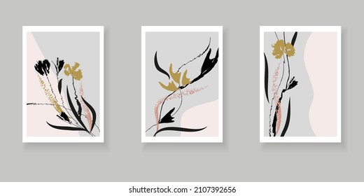 Botanical elegant set with black, pink, gold flowers and grunge texture. Minimal trendy template for wall decor, posters, book covers, social media design. Abstract art.