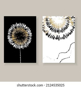 Botanical elegant set with black , white, gold flowers and grunge texture. Minimal trendy template for wall decor, posters, book covers, social media design.