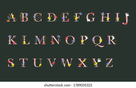 Botanical elements decorated uppercase letters set in all 26 alphabet. floral lettering illustration. Monogram with flowers and plants decorative graphic elements.