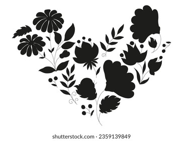 Botanische Elemente von Blumen, Beeren, Äste mit Blättern. Schwarze Silhouetten der Pflanze in Tinte.