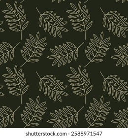 Botanical elements seamless pattern. Leaves and plants, line art, on dark background. Vector illustrations