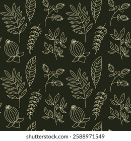 Botanical elements seamless pattern. Leaves and plants, line art, on dark background. Vector illustrations