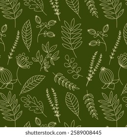 Botanical elements seamless pattern. Leaves and plants, line art, on green background. Vector illustrations