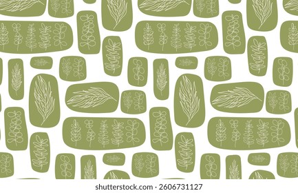 Botanical elements seamless pattern, vector illustrations, eucalyptus leaves, herbal plants background