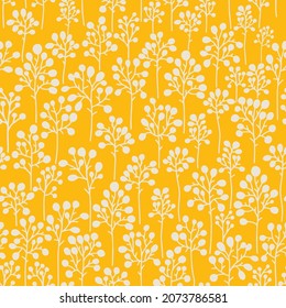 Botanical elements seamless repeat pattern. Silhouette, vector abstract plants all over surface print on yellow background.