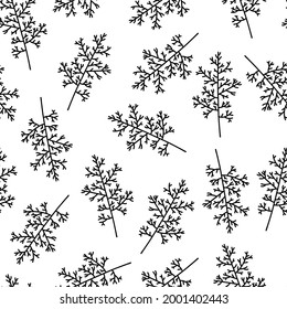 Botanical elements seamless vector pattern. Branch with leaves. Monochrome. Black outline plants on a white background. Hand drawn doodle, line art. Cute twigs illustration. Sketch of herbs.