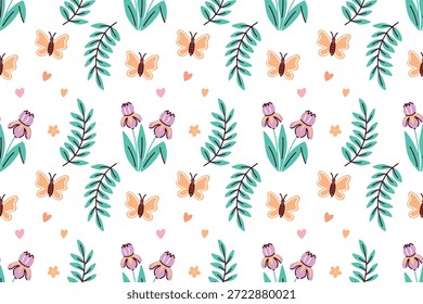Botanischer, endloser Hintergrund mit eleganten Gartenisen und fliegenden Insekten. Lebendige wiederkehrende Textur für saisonales Branding im Frühjahr, Blumentextilien und Naturkunst