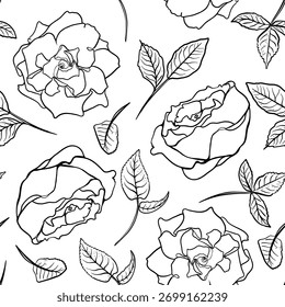 Vector de grabado botánico sin patrón. Dibujado a mano delinea peonía y rosa en el arte de línea. Textura de flores monocromáticas repetidas para textiles. Minimalista contorno negro blanco motivo floral.