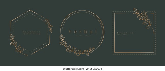 Botanical eucalyptus circle frame set. Hand drawn round line border, leaves and flowers for wedding invitation and cards, logo design, social media and posters template. Elegant minimal vector.	