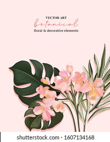 Botanical exotic bird of paradise flowers and palm leaves invitation card template design, green split-leaf Philodendron plant on pink background, minimalist vintage style.
