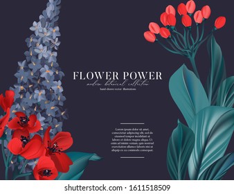 Botanical exotic Lavender decoration, ficus leaves, poppy bloom  invitation card template designon navy background. Contrast nature botanical holiday decoration in vector.