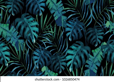 Botanical exotic seamless pattern, green tropical leaves, summer vector illustration on black background