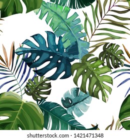 Botanical exotic seamless pattern, green tropical leaves, summer vector illustration on white background. Watercolor style 
