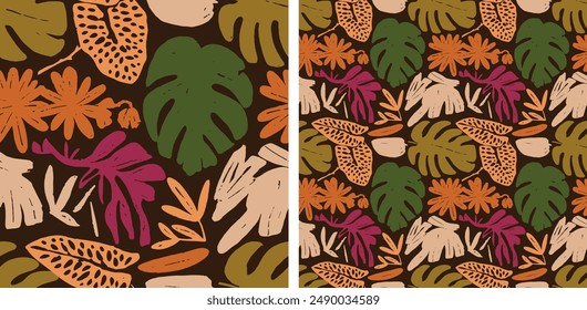 Botanical Exotic Tropical Monstera Leaves Cute Earthy Seamless Pattern Vector Illustration