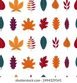 Botanical fall seamless ornament. Autumn leaves silhouettes - maple, oak, aspen, acacia. Golden season. Pattern, background, digital paper, wallpaper.