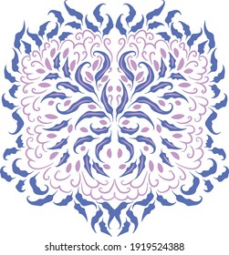 Botanical family crest emblem vector illustration. Ornamental flourish decor clip art with leaves symbols in pink and navy blue.