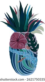 Botanical fashion art tshirt design for girls with pink flower inside it. a man with water and green leaves out of it. feminine floral hawaii jungle illustration design
