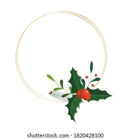 Botanical festive circle design element with winter berries and leaves. Vector hand drawn elegant frame isolated on white background. 