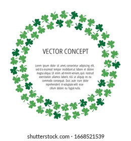 Botanical flat frame with text space. Saint Patrick's day holiday greeting card. Hand drawn shamrock leaves border. Spring beer festival template. Vector illustration on white background.