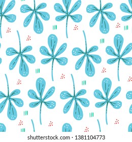 Botanical flat hand drawn seamless pattern. Blue leaves in scandinavian style. Seaweed with dots and lines vector backdrop. Succulent branches color wrapping paper. Plants textile ornament 