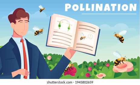 Botanical flat horizontal composition with male character demonstrated manual for study of flowers pollination by bees cartoon vector illustration