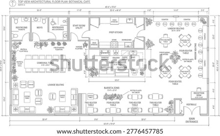 Botanical café floor plan top view with barista counter, lounge seating, communal table, kitchen prep, staff rooms, restrooms, storage, plants