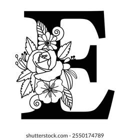 Botanical Floral Alphabet E Monogram with Flowers, Leaves and Vines