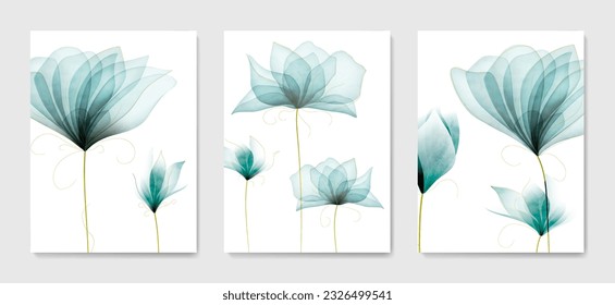 Botanical floral art background hand drawn in transparent watercolor style. Vector set with flowers for decor, print, wallpaper, poster, interior design, packaging.