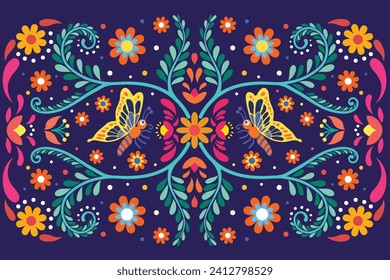 Fondo floral botánico con mariposas, fondo de estampado floral mexicano tradicional. Ilustración vectorial de motivos florales coloridos mexicanos.

