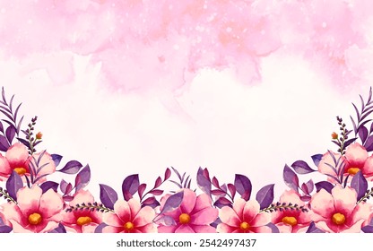 Botanisches florales Hintergrunddesign mit Kompositionen aus romantischen rosa Blumen und violetten Blättern, einzelnen Blattbotanischen Elementen einschließlich Wildblumenzweigen auf wasserfarbigem Hintergrund