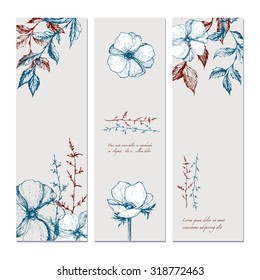 Botanical Floral banner collection. Organic shop card, natural cosmetic design. Vector illustration, wedding invitation template